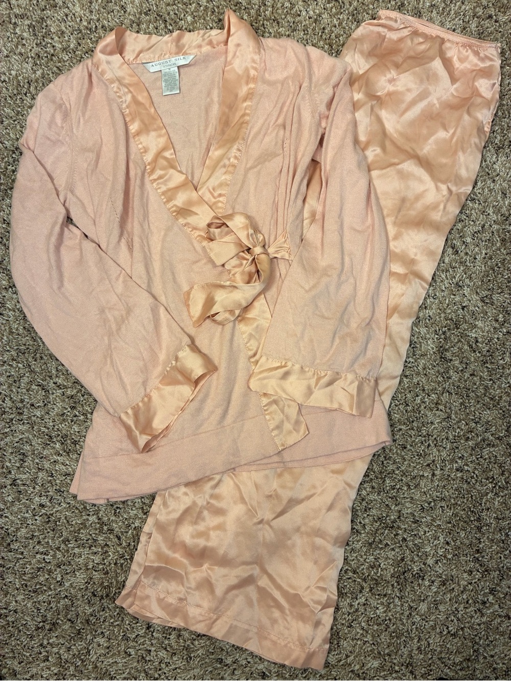 August Silk VTG 100% Silk Cotton Combo Wrap Top Pants Matching Lounge Set